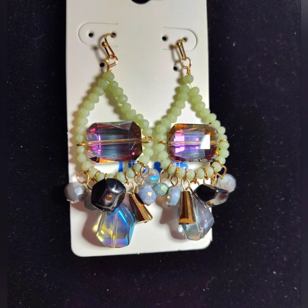Elegant Gold and Multicolor Beaded Violet Stone Dangle  Earrings